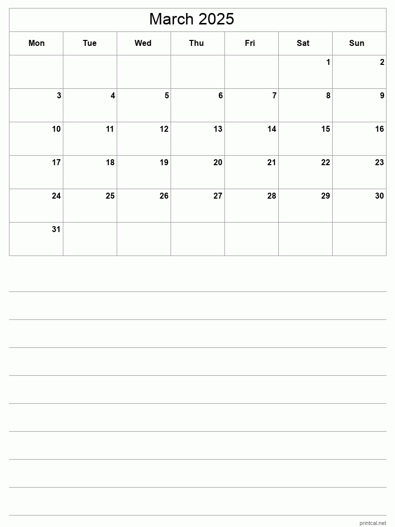 March 2025 Printable Calendar - Half-Page With Notesheet