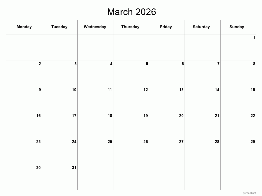 March 2026 Printable Calendar - Classic Blank Sheet