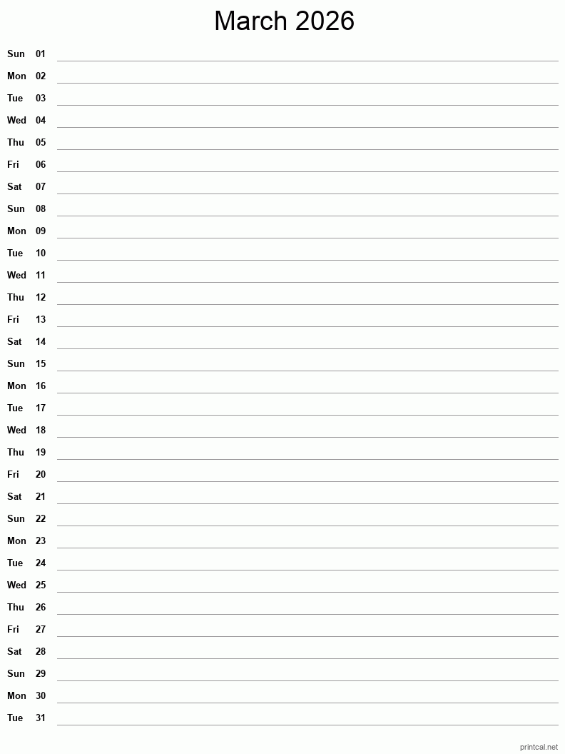 March 2026 Printable Calendar - Single Column Notesheet