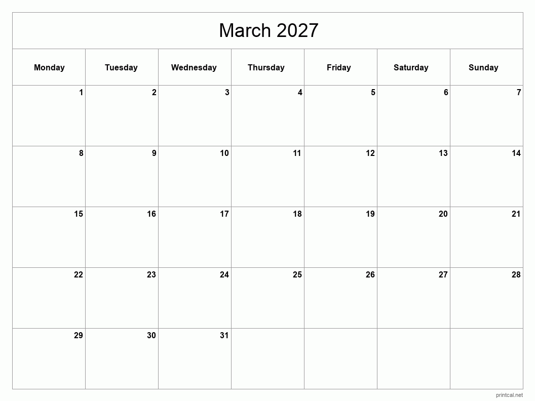 March 2027 Printable Calendar - Classic Blank Sheet