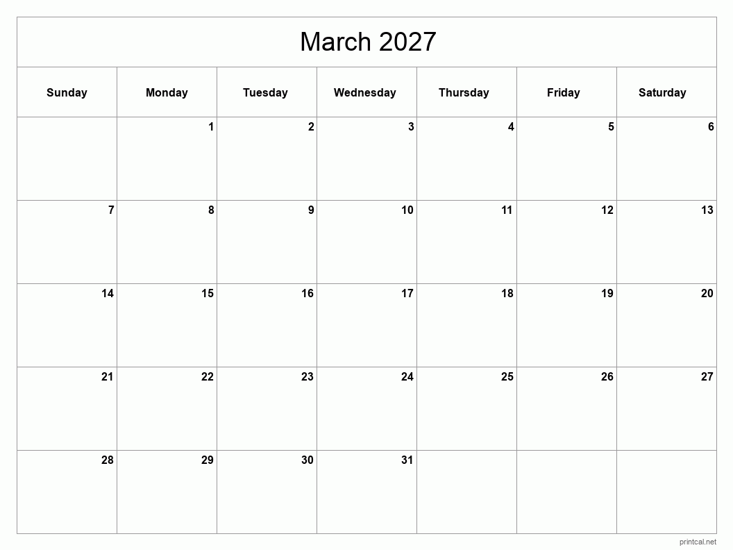 March 2027 Printable Calendar - Classic Blank Sheet