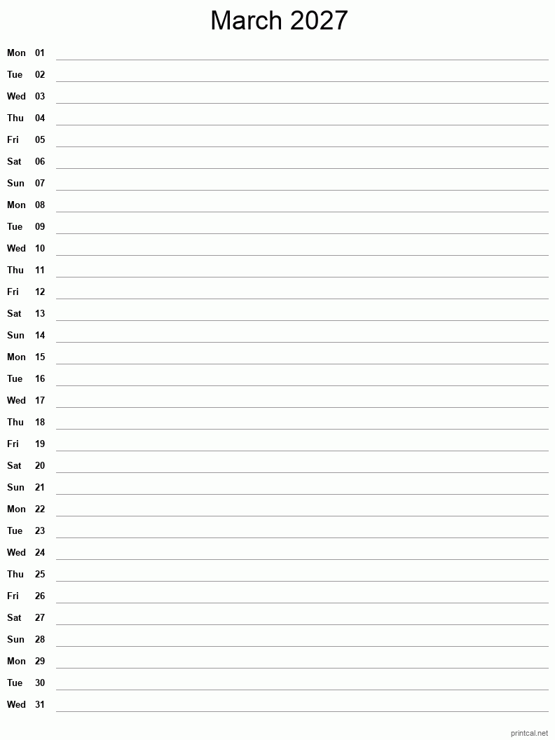 March 2027 Printable Calendar - Single Column Notesheet