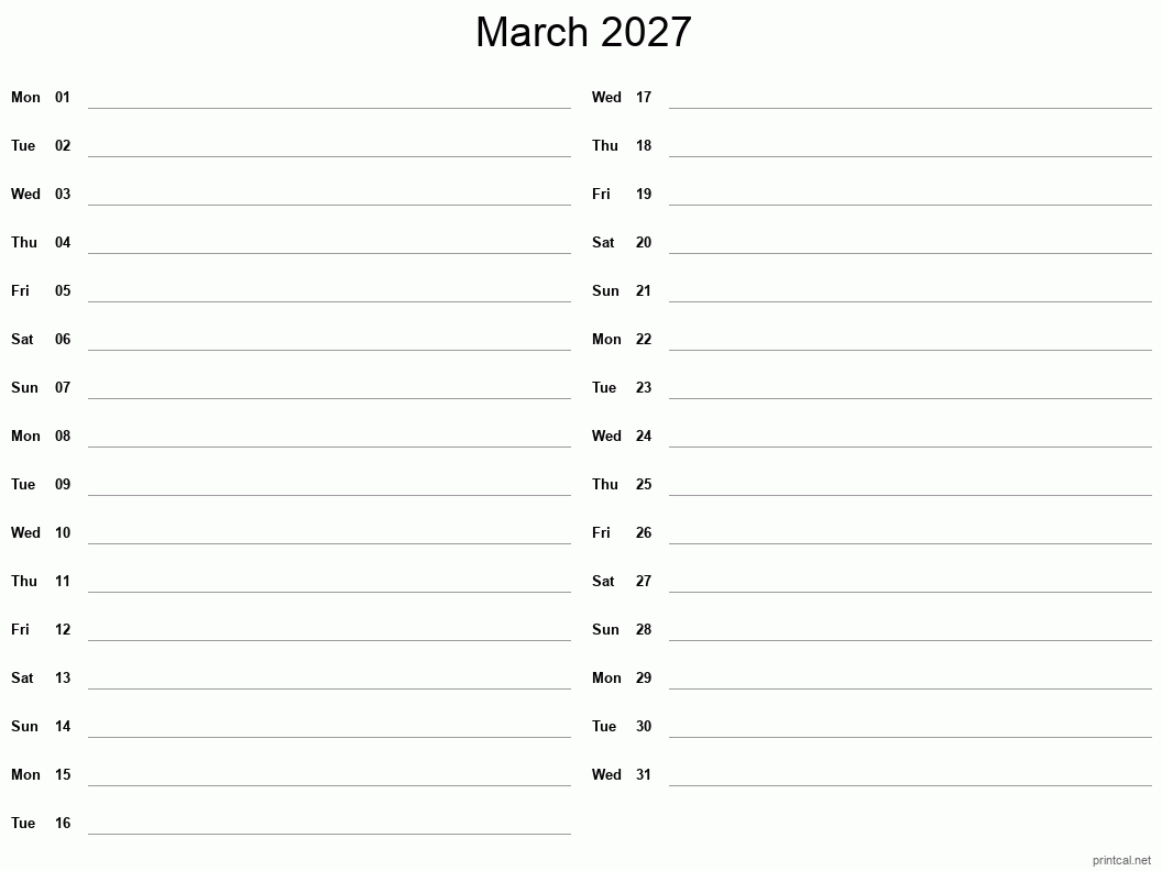 March 2027 Printable Calendar - Two Column Notesheet
