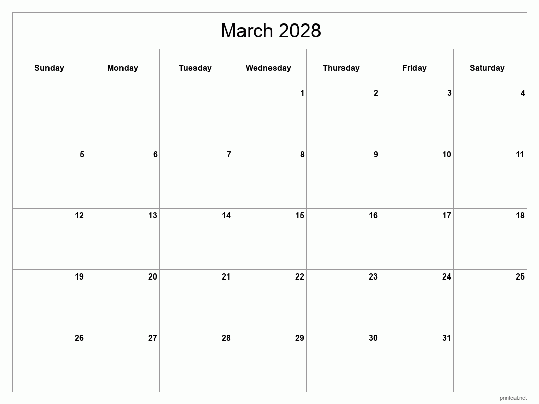 March 2028 Printable Calendar - Classic Blank Sheet