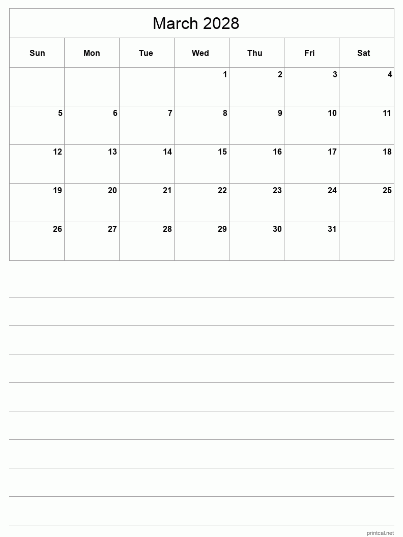 March 2028 Printable Calendar - Half-Page With Notesheet