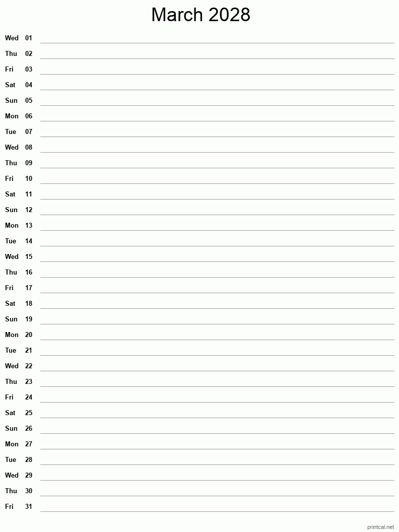 March 2028 Printable Calendar - Single Column Notesheet