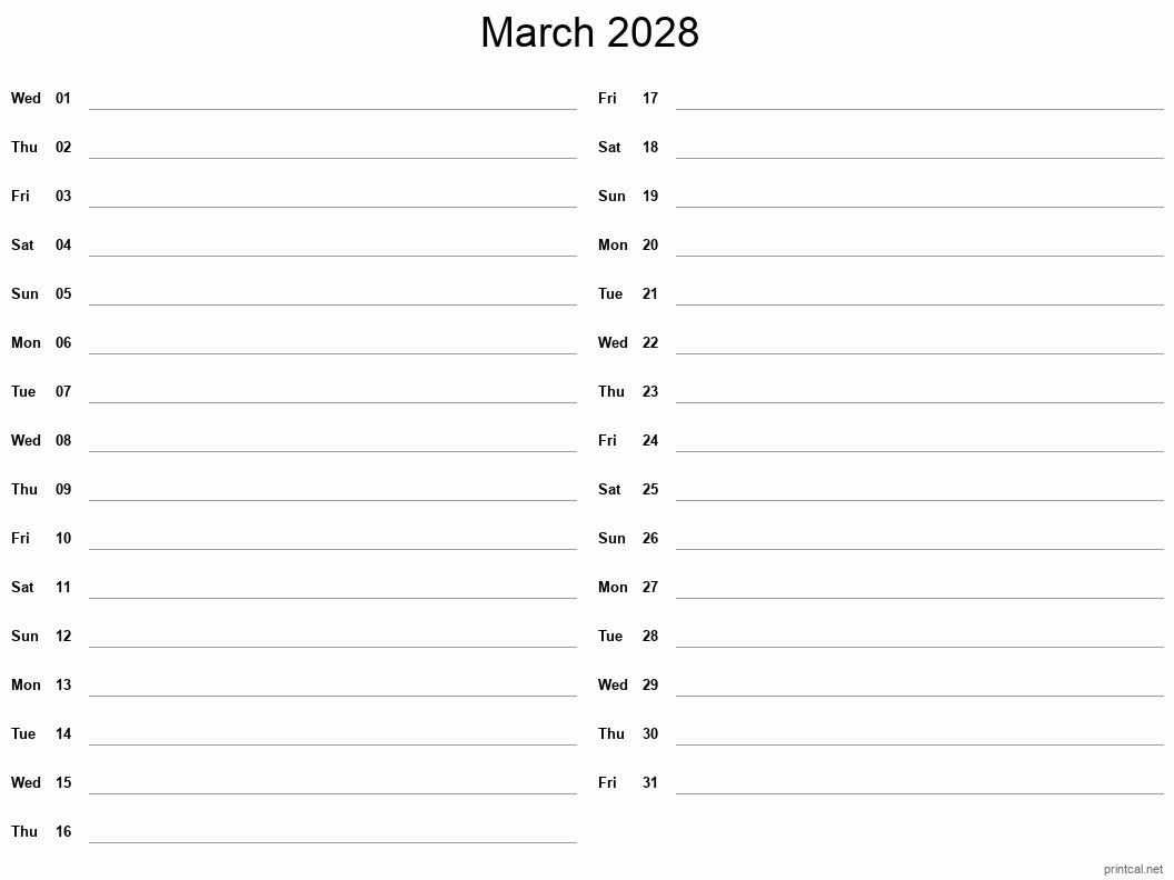 March 2028 Printable Calendar - Two Column Notesheet