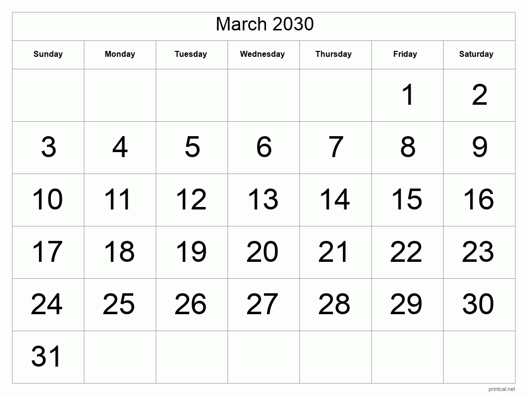 March 2030 Printable Calendar - Big Dates