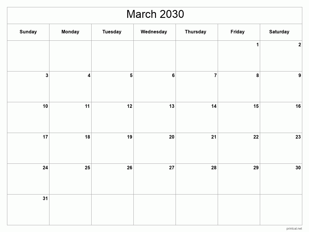 March 2030 Printable Calendar - Classic Blank Sheet