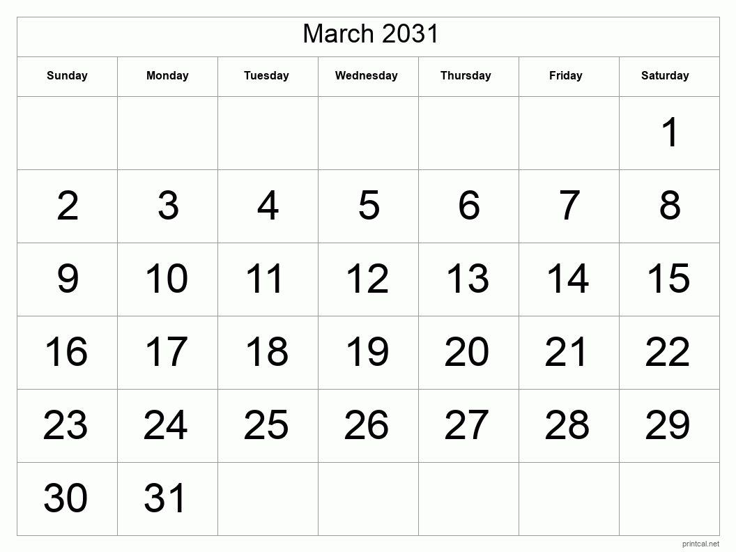 March 2031 Printable Calendar - Big Dates