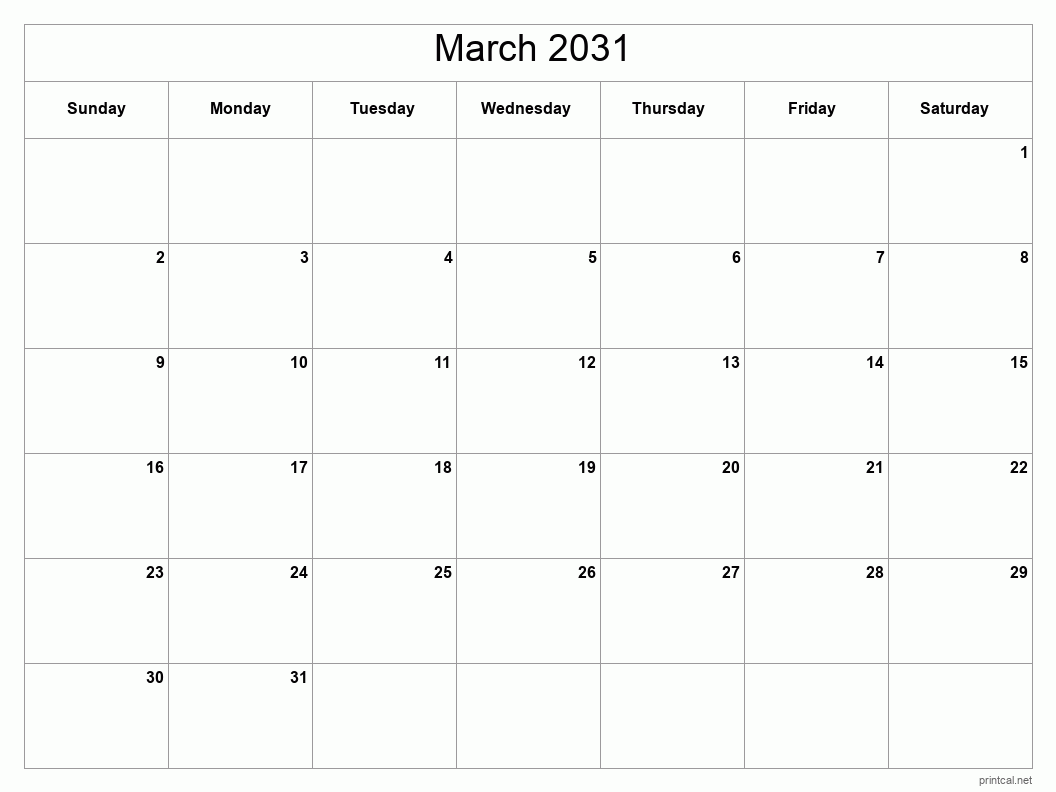 March 2031 Printable Calendar - Classic Blank Sheet