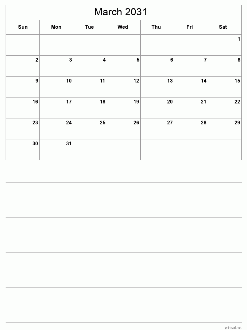 March 2031 Printable Calendar - Half-Page With Notesheet