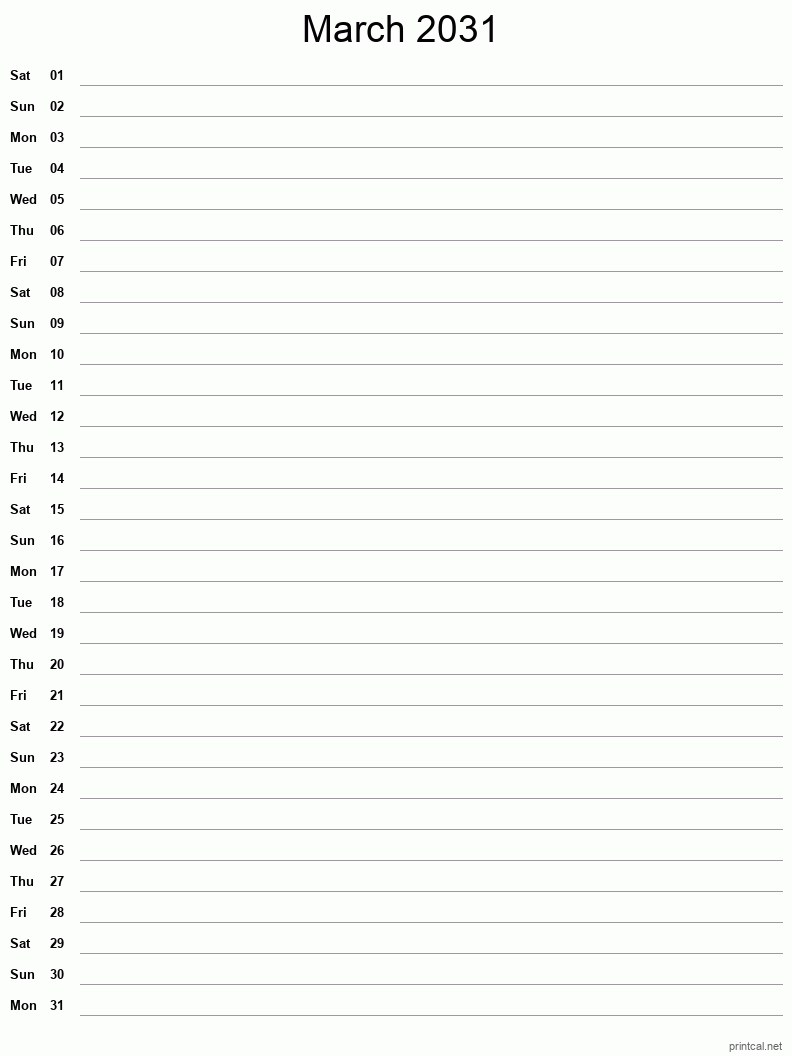 March 2031 Printable Calendar - Single Column Notesheet