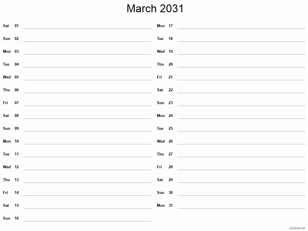 March 2031 Printable Calendar - Two Column Notesheet