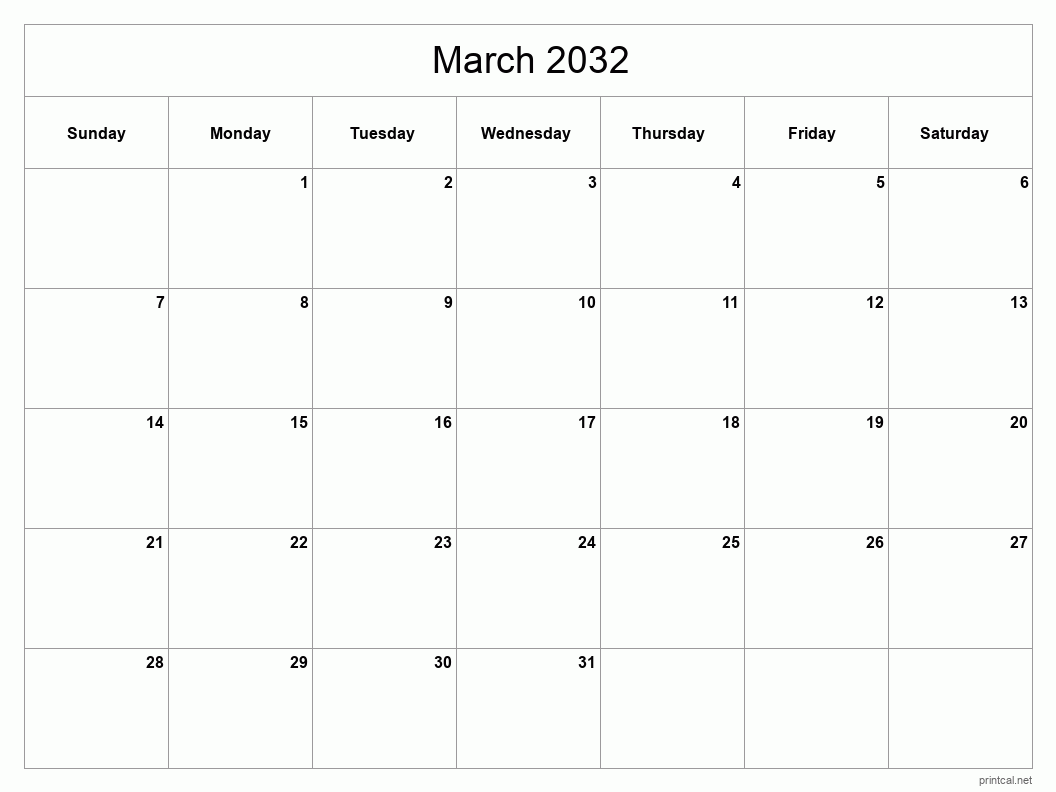 March 2032 Printable Calendar - Classic Blank Sheet
