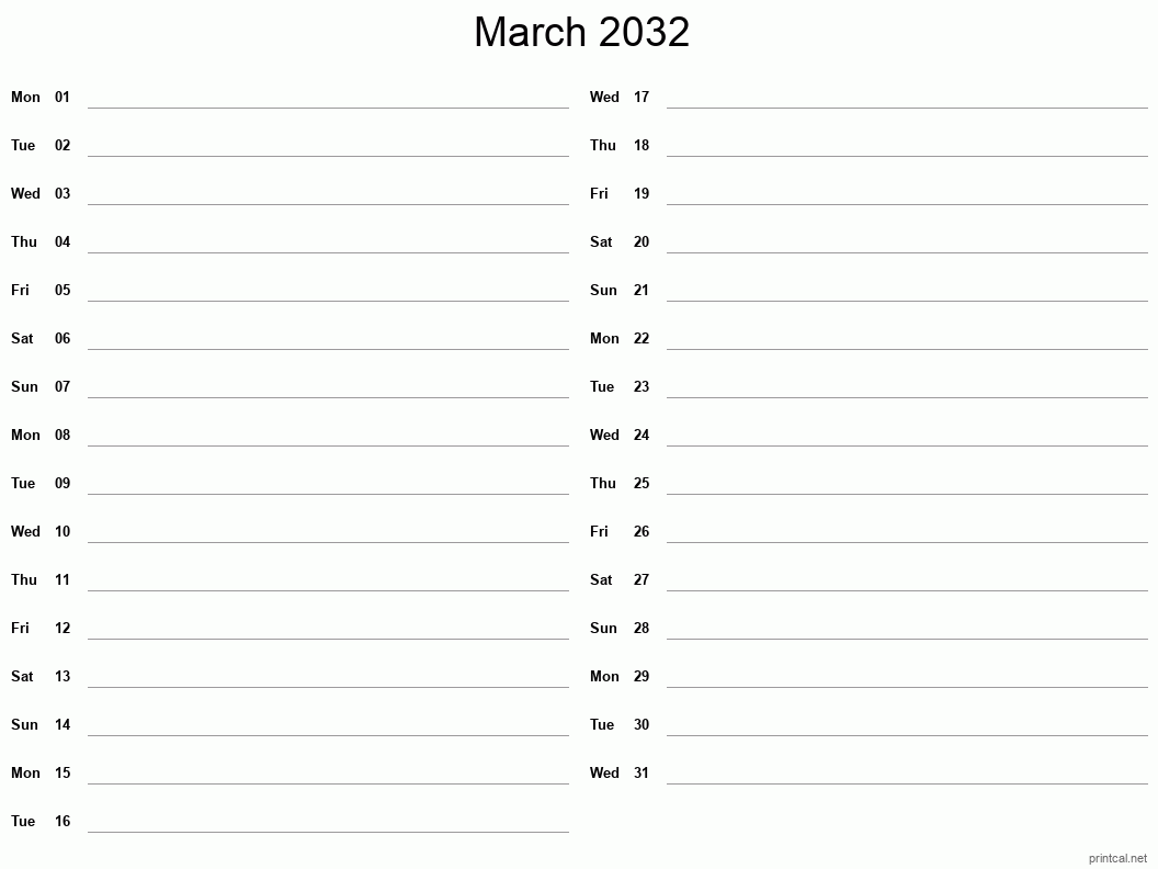 March 2032 Printable Calendar - Two Column Notesheet