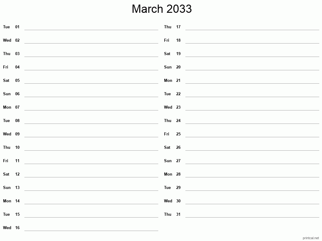 March 2033 Printable Calendar - Two Column Notesheet