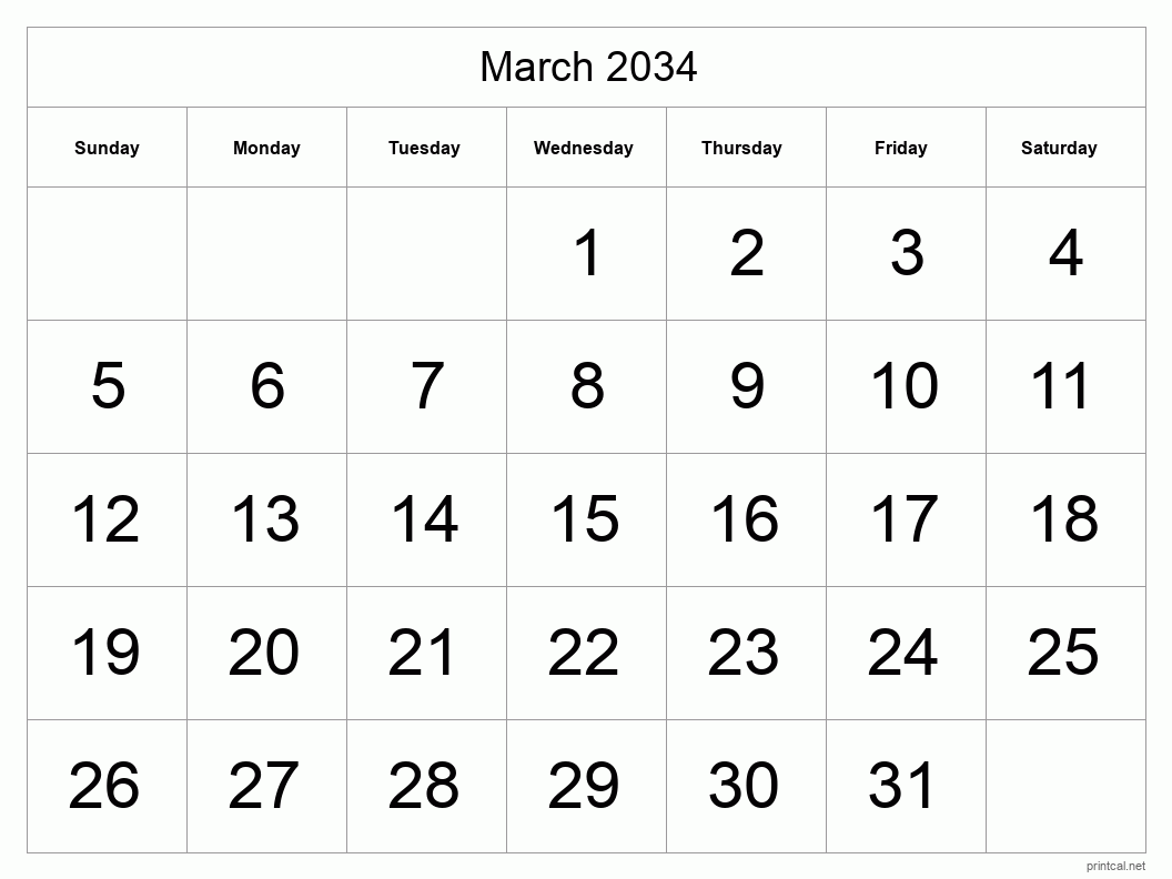 March 2034 Printable Calendar - Big Dates
