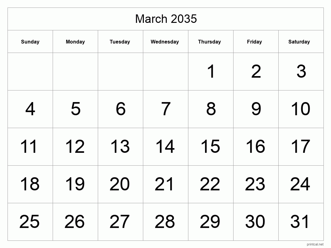 March 2035 Printable Calendar - Big Dates