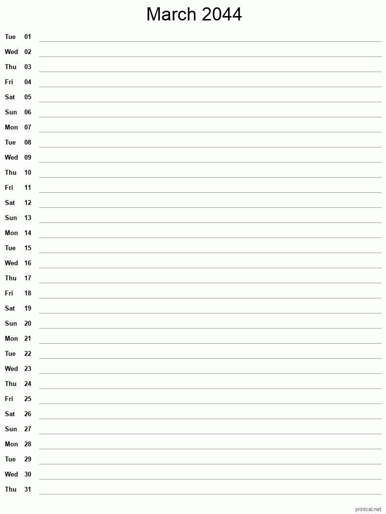 March 2044 Printable Calendar - Single Column Notesheet