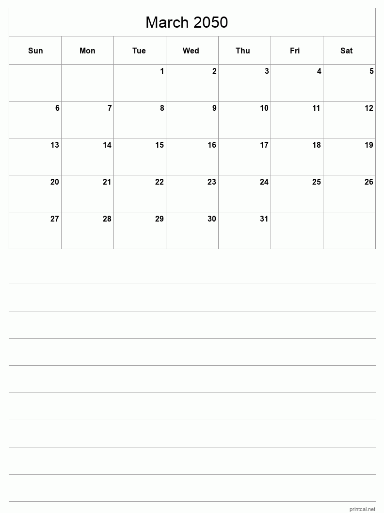 March 2050 Printable Calendar - Half-Page With Notesheet