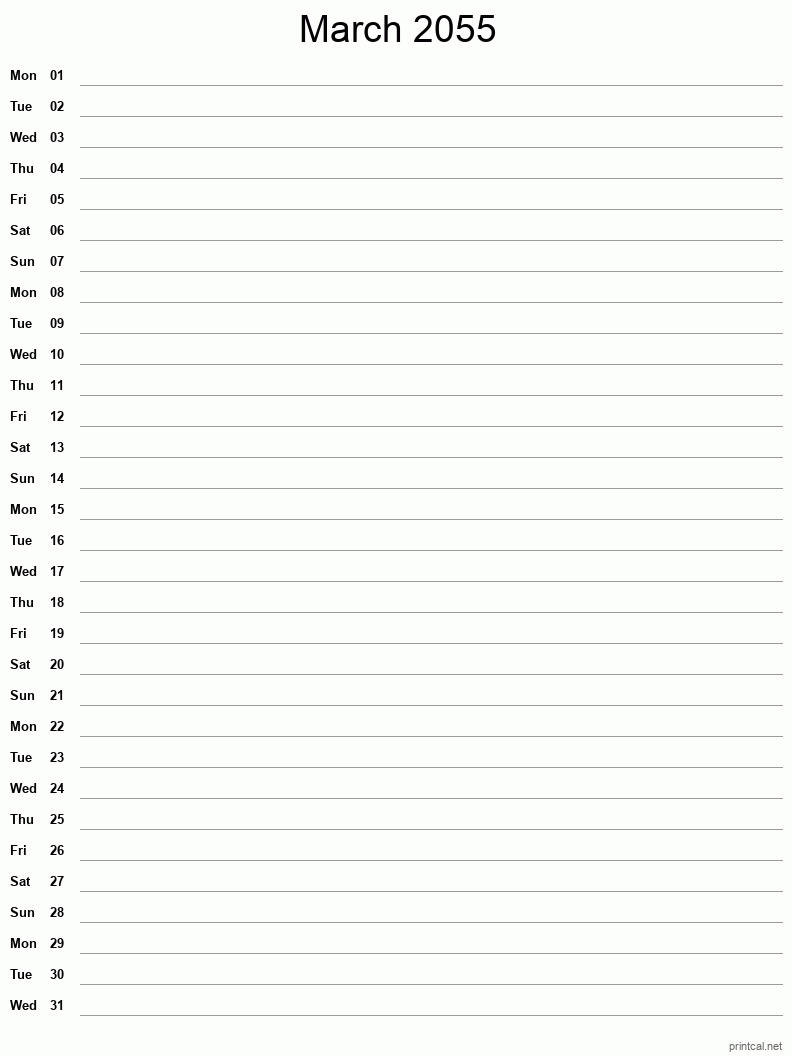 March 2055 Printable Calendar - Single Column Notesheet