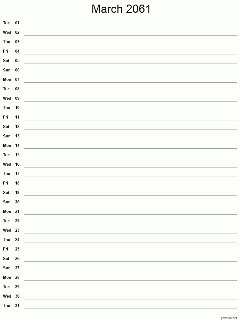 March 2061 Printable Calendar - Single Column Notesheet