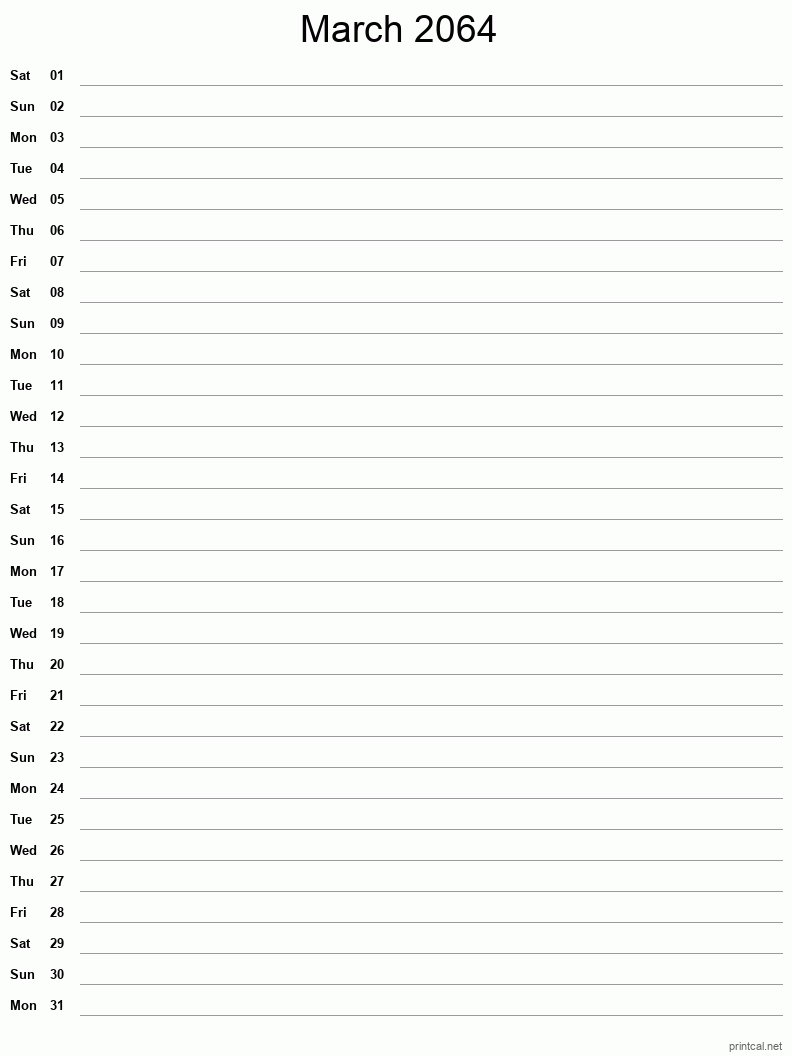 March 2064 Printable Calendar - Single Column Notesheet