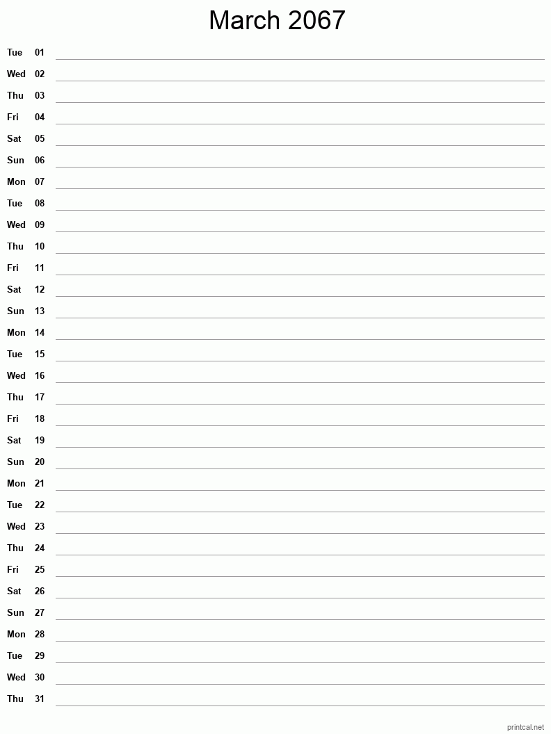 March 2067 Printable Calendar - Single Column Notesheet