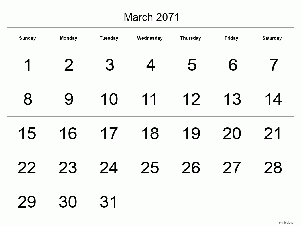 March 2071 Printable Calendar - Big Dates