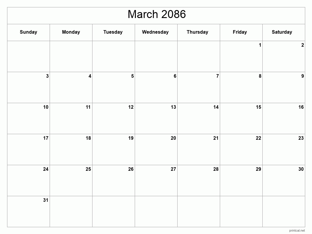 March 2086 Printable Calendar - Classic Blank Sheet