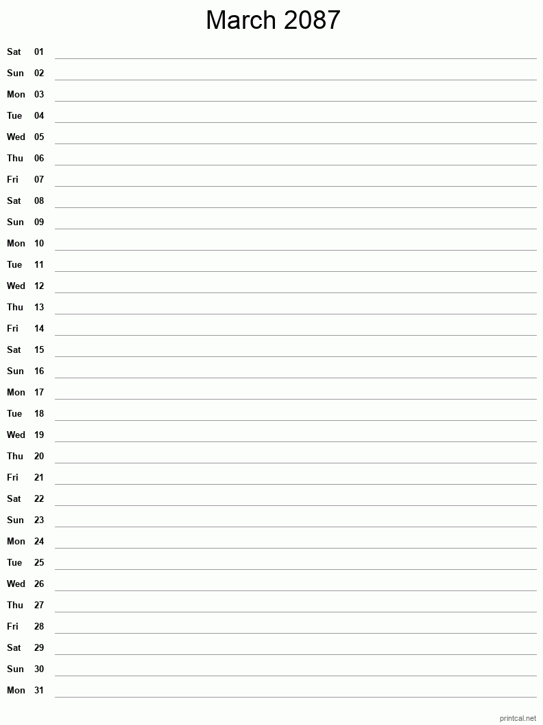 March 2087 Printable Calendar - Single Column Notesheet