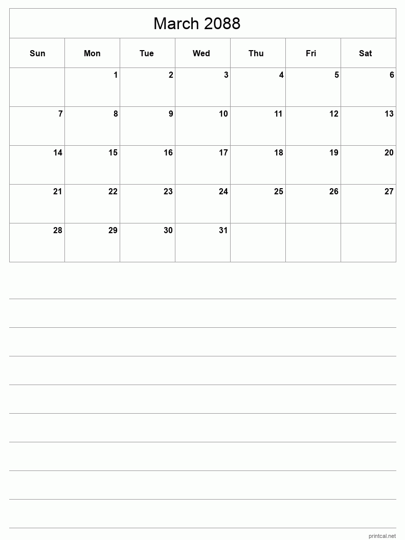 March 2088 Printable Calendar - Half-Page With Notesheet