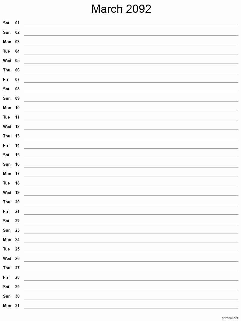 March 2092 Printable Calendar - Single Column Notesheet