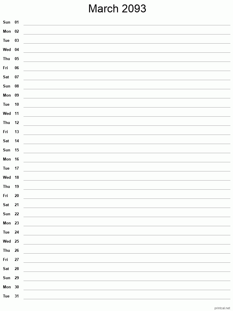 March 2093 Printable Calendar - Single Column Notesheet