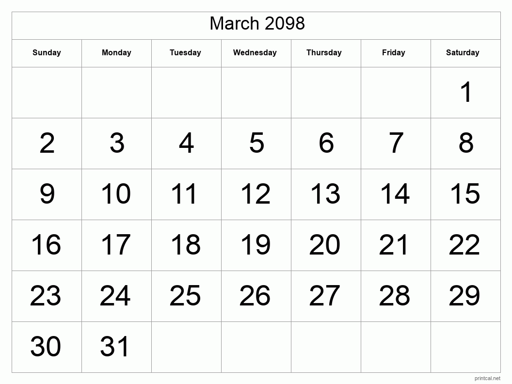 March 2098 Printable Calendar - Big Dates