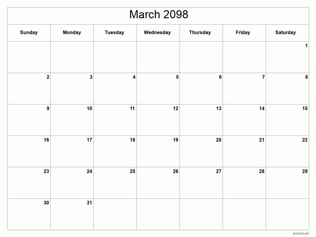 March 2098 Printable Calendar - Classic Blank Sheet