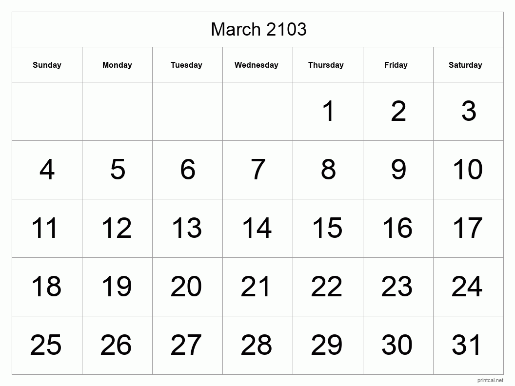 March 2103 Printable Calendar - Big Dates