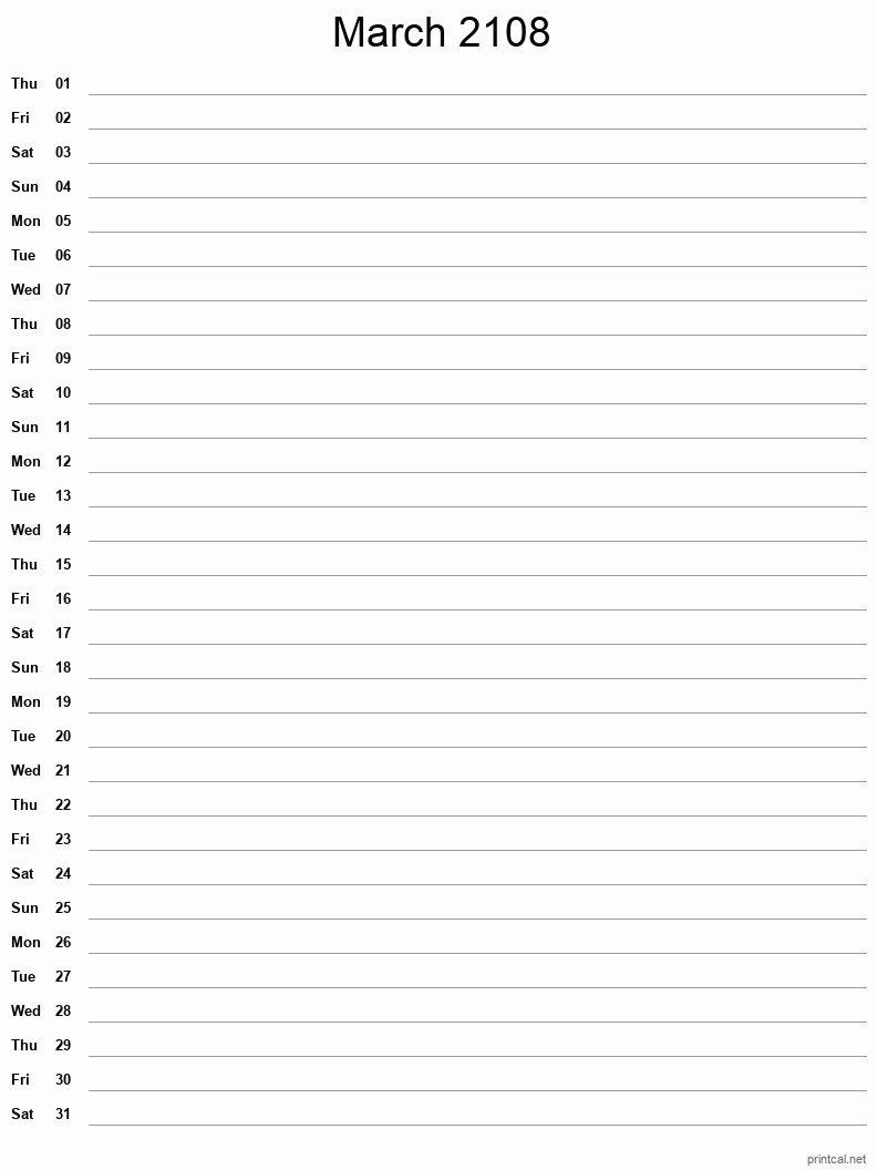 March 2108 Printable Calendar - Single Column Notesheet