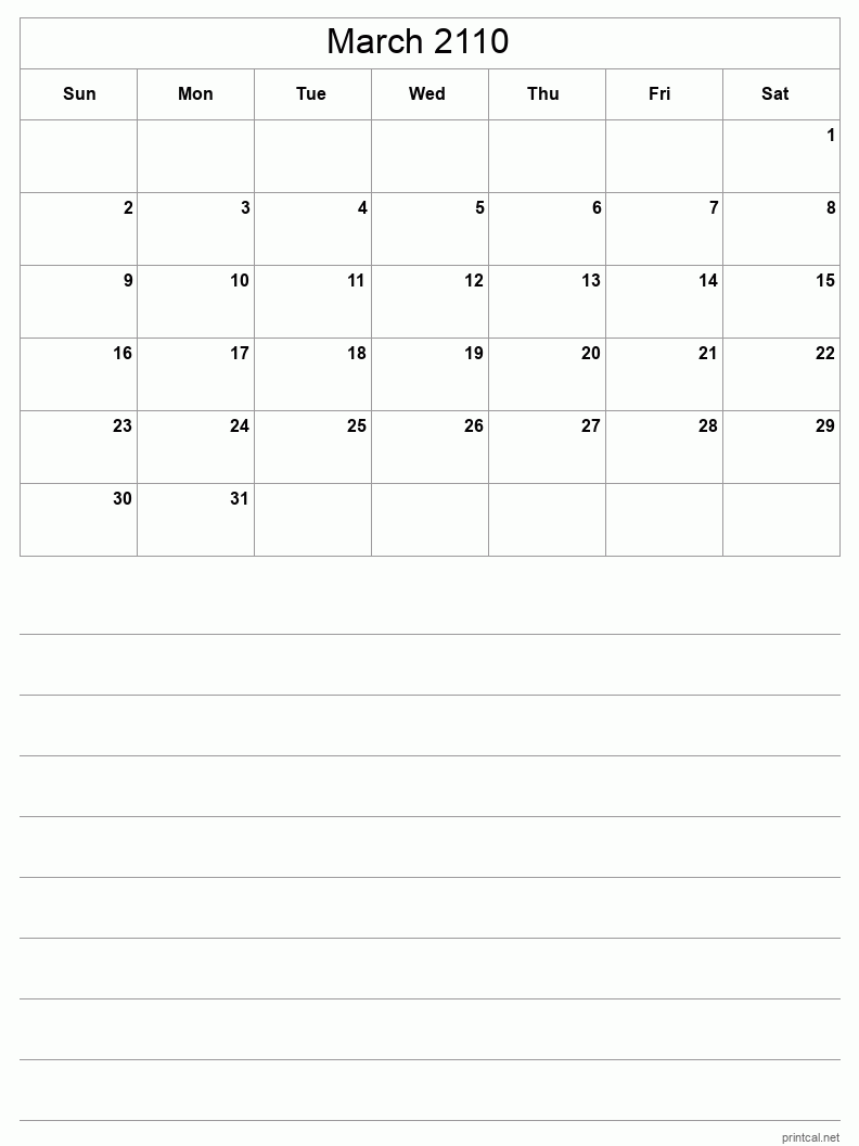 March 2110 Printable Calendar - Half-Page With Notesheet