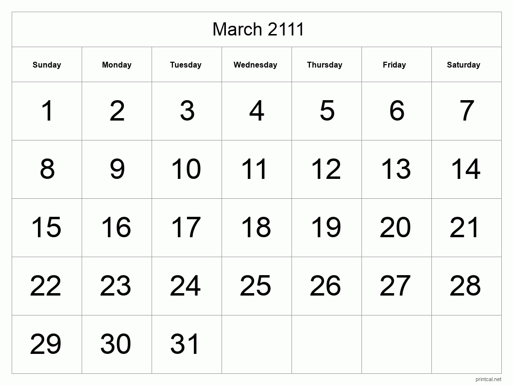 March 2111 Printable Calendar - Big Dates