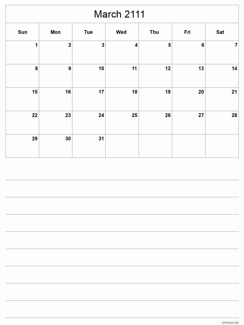 March 2111 Printable Calendar - Half-Page With Notesheet