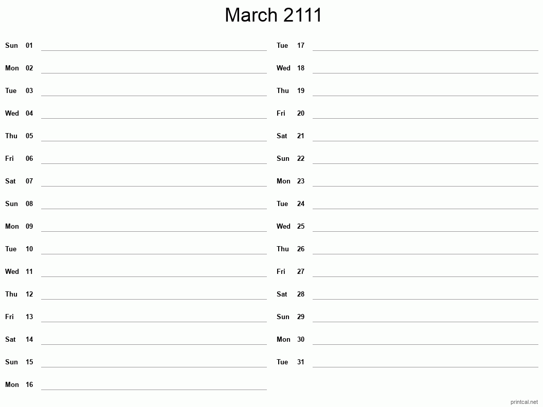 March 2111 Printable Calendar - Two Column Notesheet