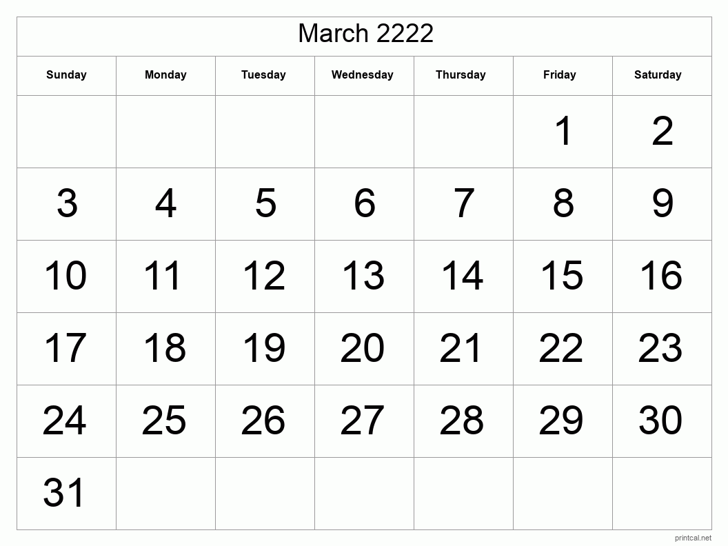 March 2222 Printable Calendar - Big Dates