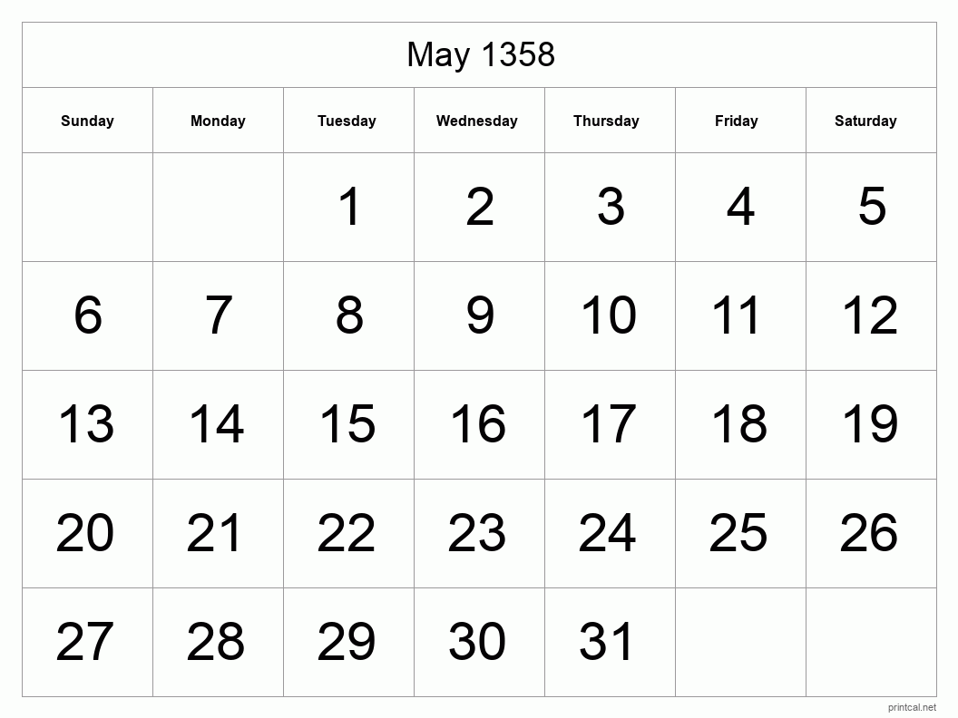 May 1358 Printable Calendar - Big Dates