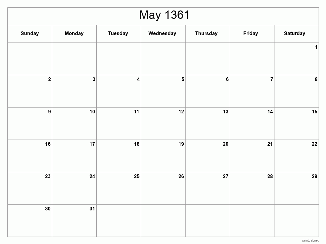 May 1361 Printable Calendar - Classic Blank Sheet