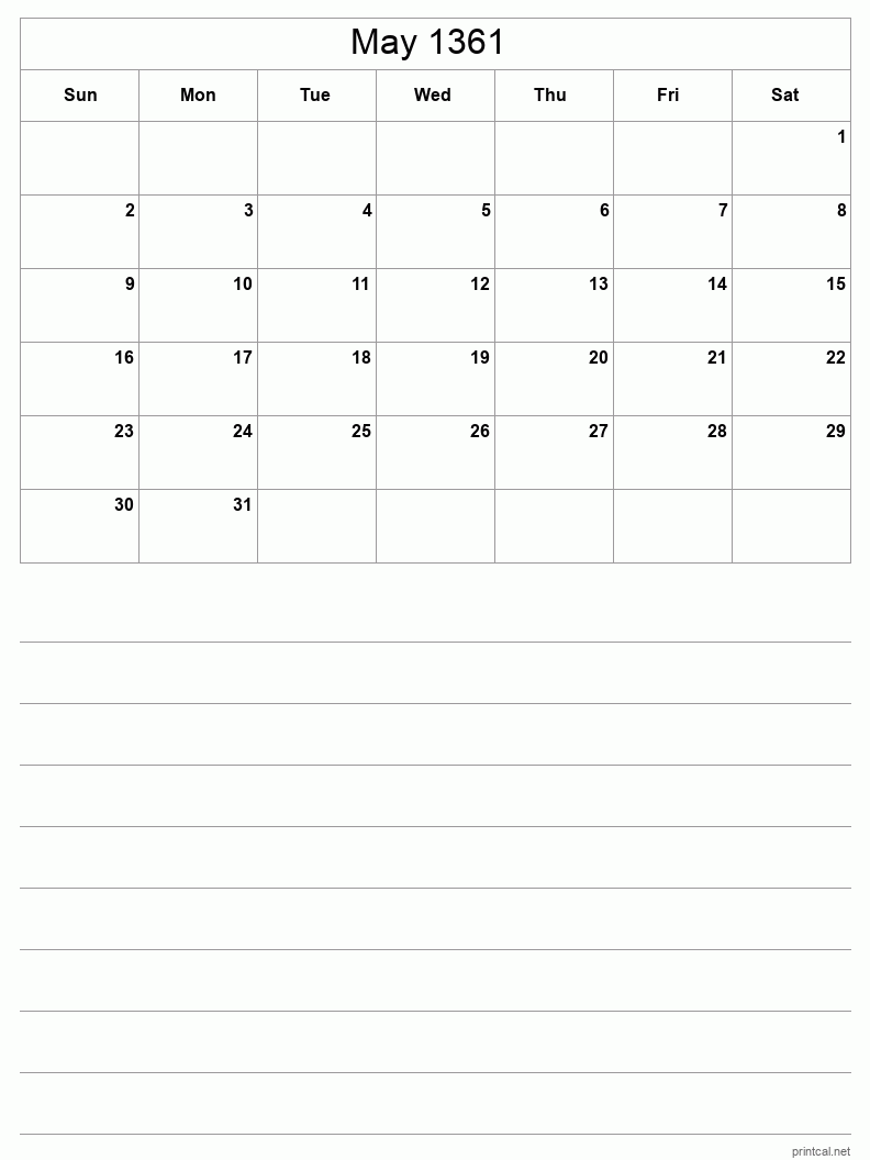 May 1361 Printable Calendar - Half-Page With Notesheet