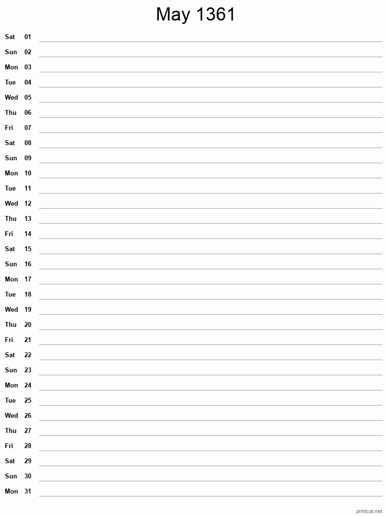 May 1361 Printable Calendar - Single Column Notesheet