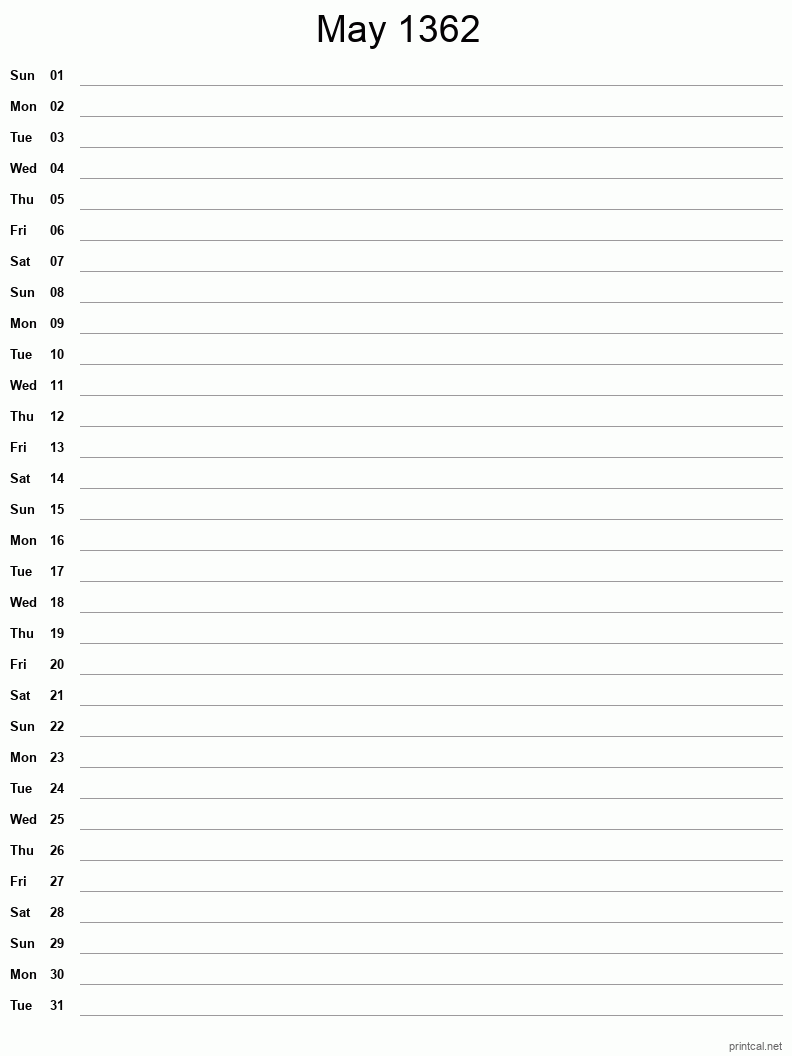 May 1362 Printable Calendar - Single Column Notesheet
