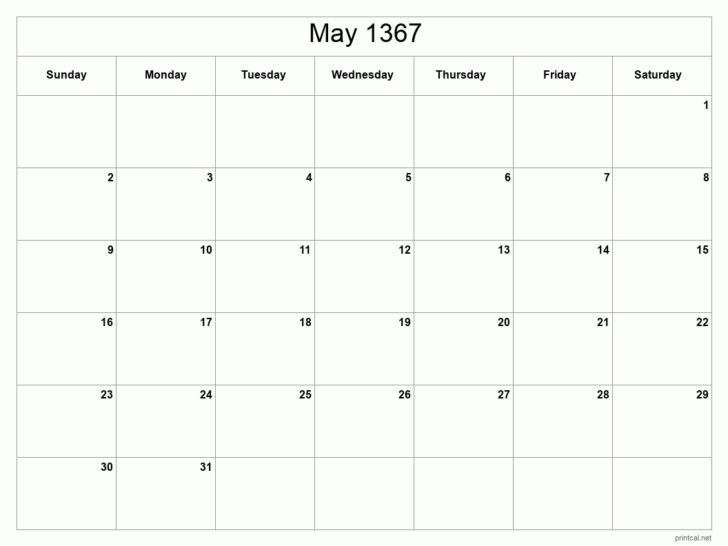 May 1367 Printable Calendar - Classic Blank Sheet